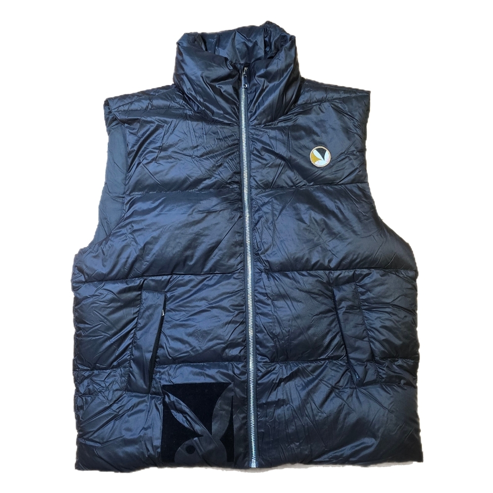 PlayBoy Puffer Vest N950PB Big Bunny Black Duck Down Filled Unisex Sz Small EUC